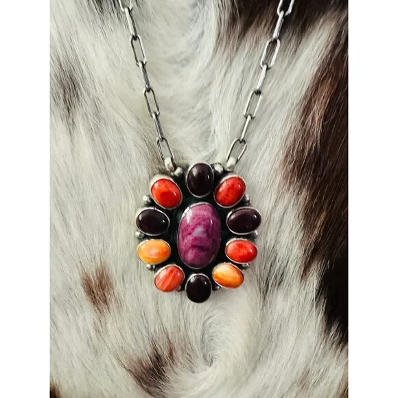 Handcrafted Multicolor Spiny Oyster & Sterling Silver Cluster Necklace by Sheil